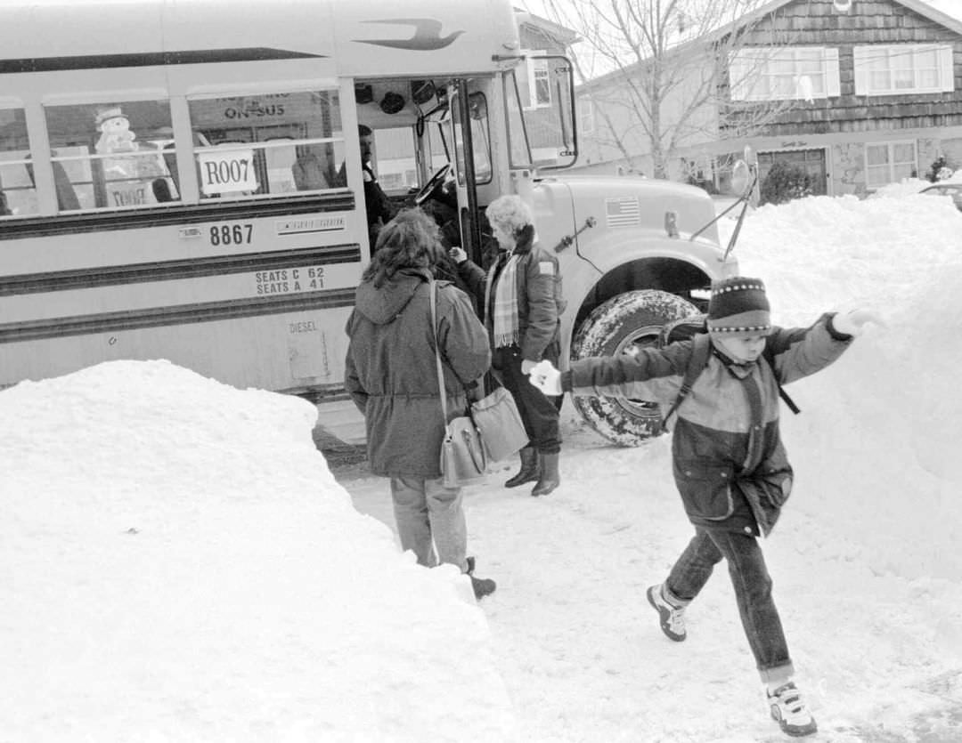 Student From Ps 32 Exits School Bus On A Day With Only Five Kids Due To The Blizzard Of '96, 1996.