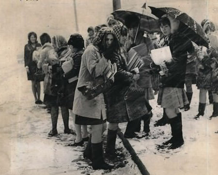 High School Students Waiting For A Bus In Freezing Snow At Grasmere, 1976.