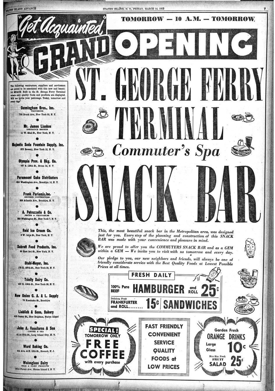 Staten Island Ferry Commuter'S Spa Snack Bar Grand Opening, 25¢ Burgers, 15¢ Hot Dogs, Free Coffee, 1952.