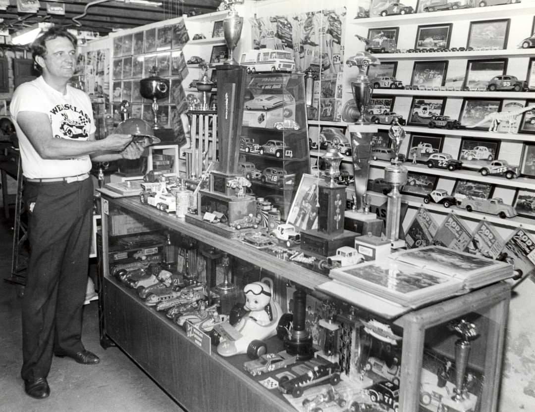 Driver George Leblanc Shows Off His Trophies From Weissglass Stadium, 1986.