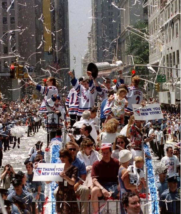 New York Rangers' Ticker-Tape Parade Celebrating 1994 Nhl Championship, Mark Messier Lifts Stanley Cup, 1994.
