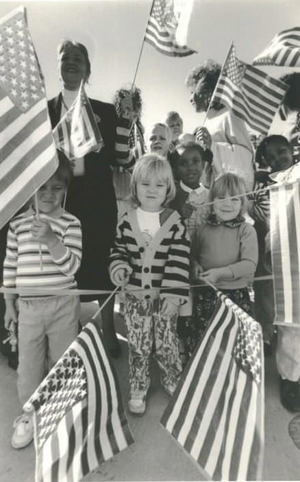 Children Wave Flags Welcoming The Uss Normandy To Stapleton, 1990.