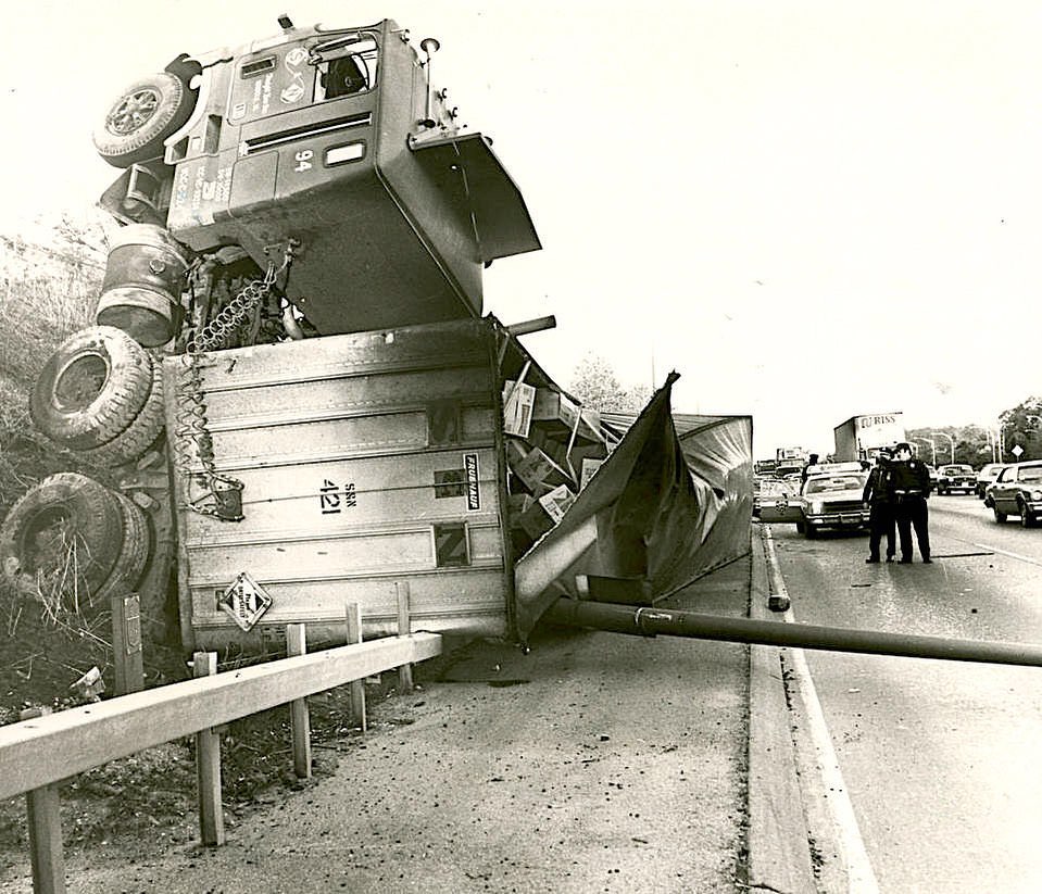 Tractor-Trailer Flipped On The Shoulder Of The Staten Island Expressway Near Bradley Avenue, 1991.