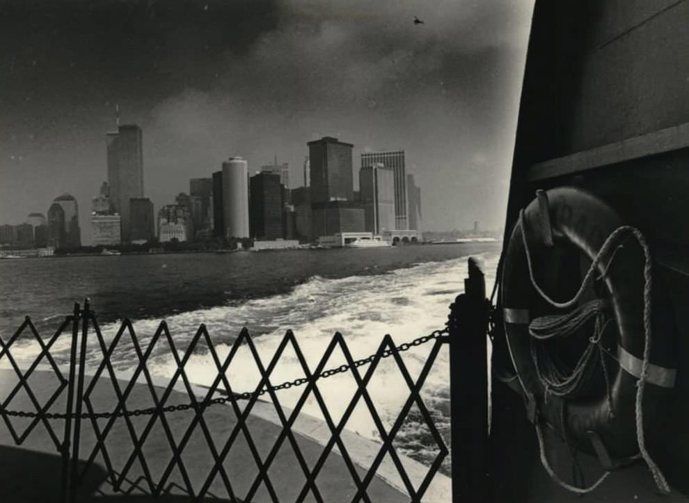 Aerial View Of St. George On The Staten Island Ferry, The Manhattan Skyline And Twin Towers In View, 1991.
