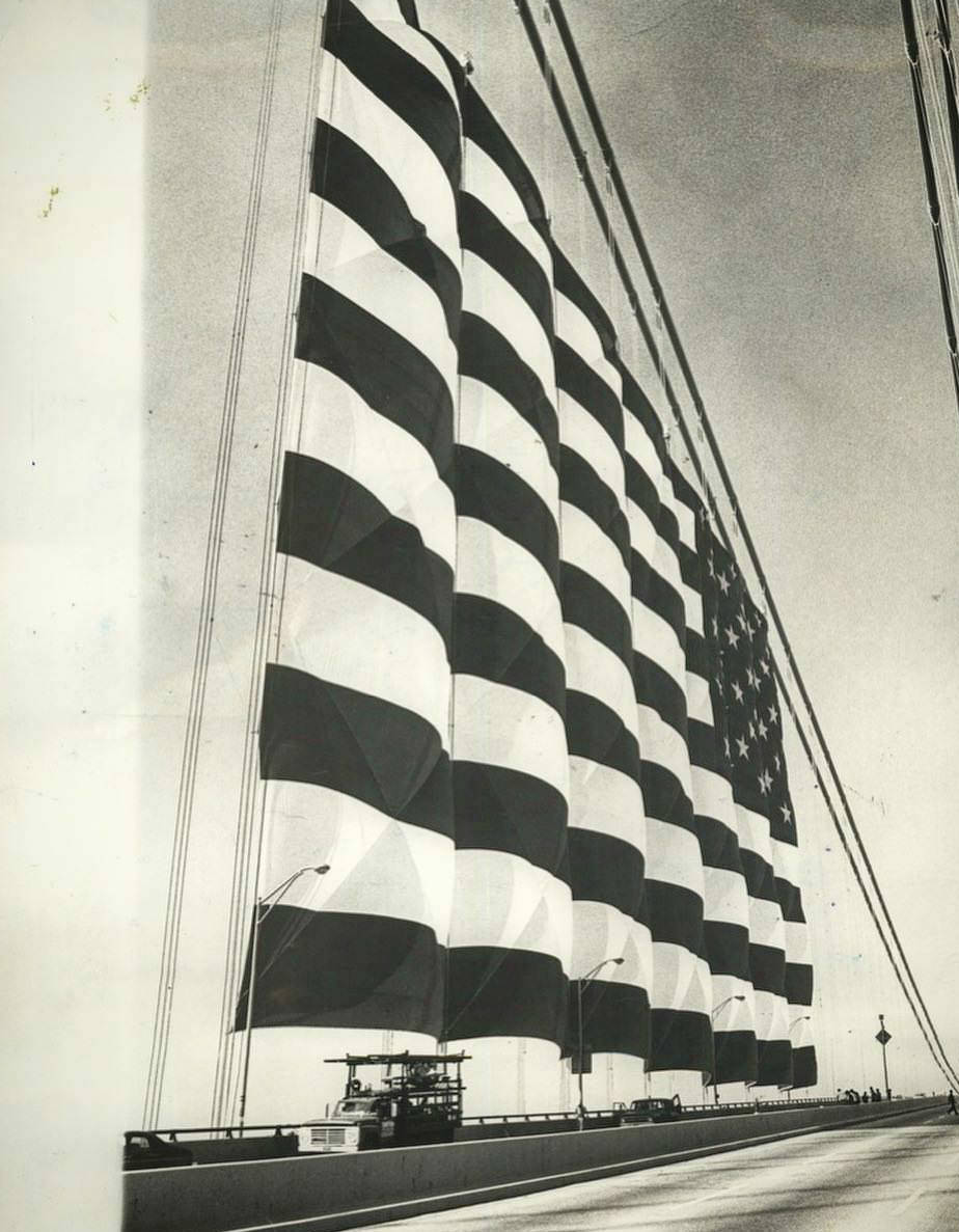 An American Flag Was Unfurled On The Verrazzano Bridge For America'S Bicentennial Celebration, But The Wind Ripped It, 1976.