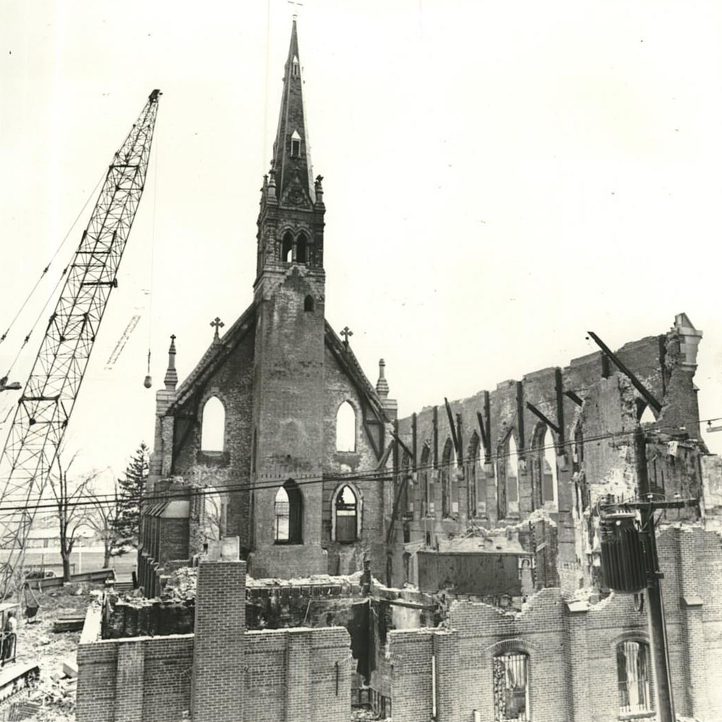 A Crane Moves Into Place At St. Joachim And St. Ann’s Church At Mount Loretto, Signaling The Start Of A $600,000 Reconstruction Project After A Fire, 1975.