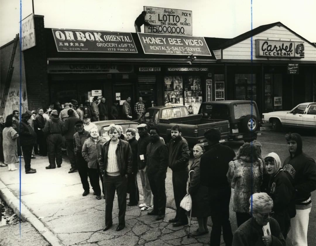 Long Wait To Buy A Lottery Ticket At The Honey Bee Video Store, Graniteville; The Prize Was $45,000,000, 1988.
