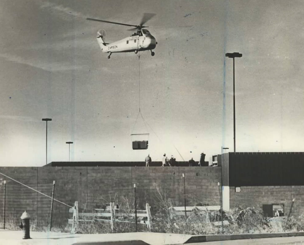 Staten Island Mall Construction With Helicopter Lowering Industrial Air Conditioners, 1974