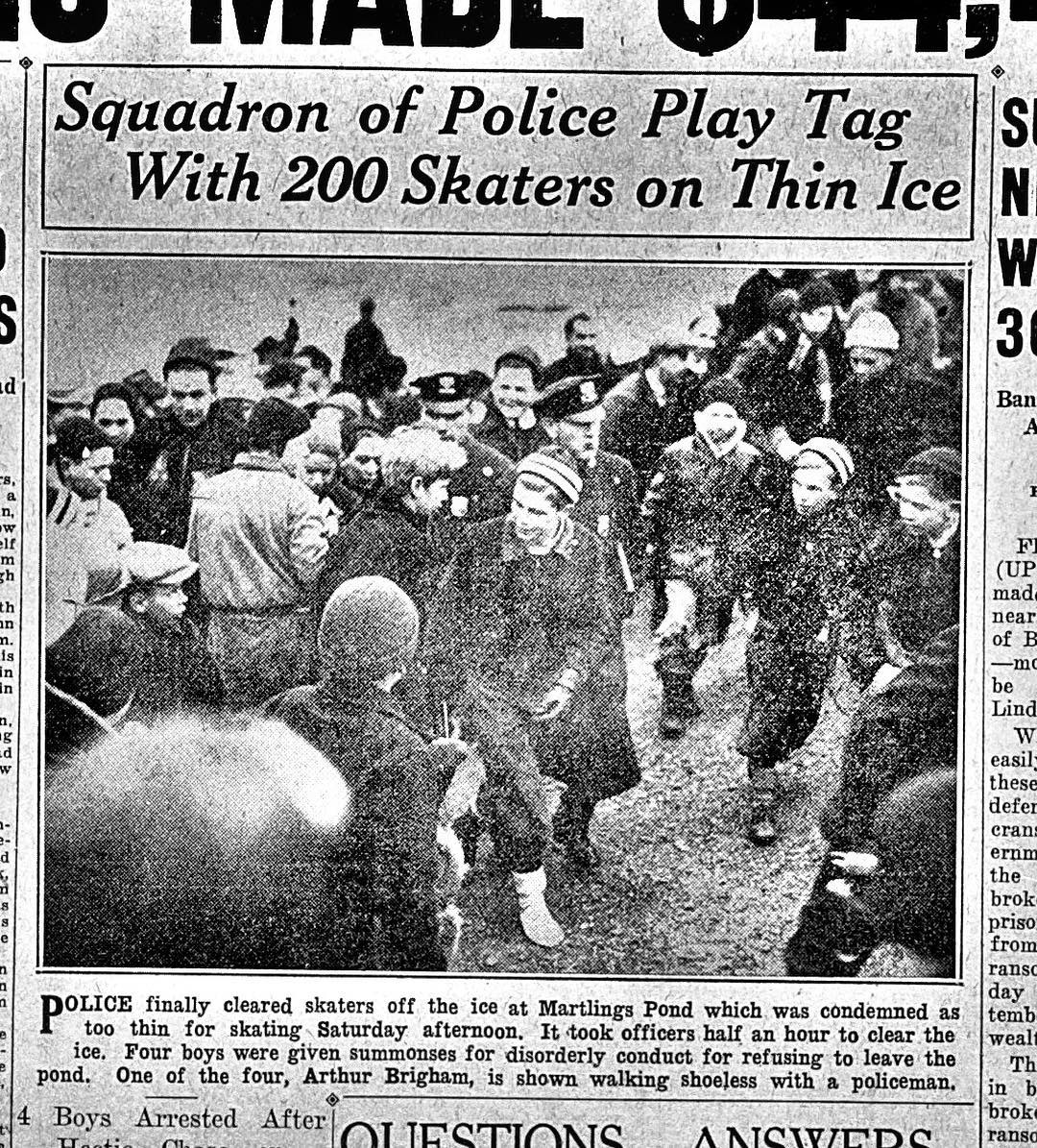 Police Cleared Skaters Off Martlings Pond Due To Thin Ice, Taking 30 Minutes And Resulting In Summonses For Four Boys Who Refused To Leave, 1935.
