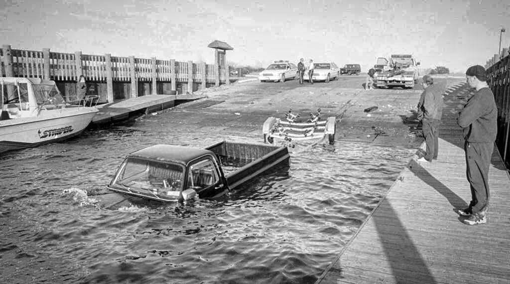 A Peculiar Incident Of A Submerged Truck In Great Kills Park After A Failed Attempt To Launch A Boat For Repairs, Capturing An Unusual Moment, 1994.