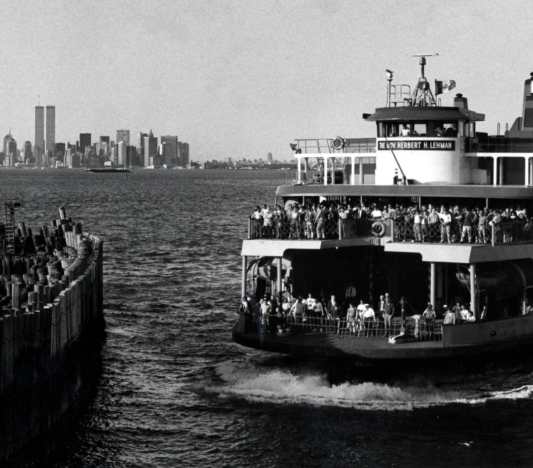 Herbert H. Lehman Ferryboat Docking In St. George With The World Trade Center In The Background, 1990S.