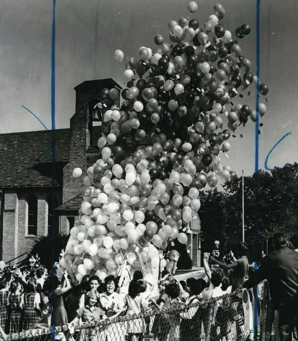Balloons Rise Into The Sky In Contest Sponsored By Blessed Sacrament School'S Mothers Guild; Winning Student Gets A Prize, 1979.