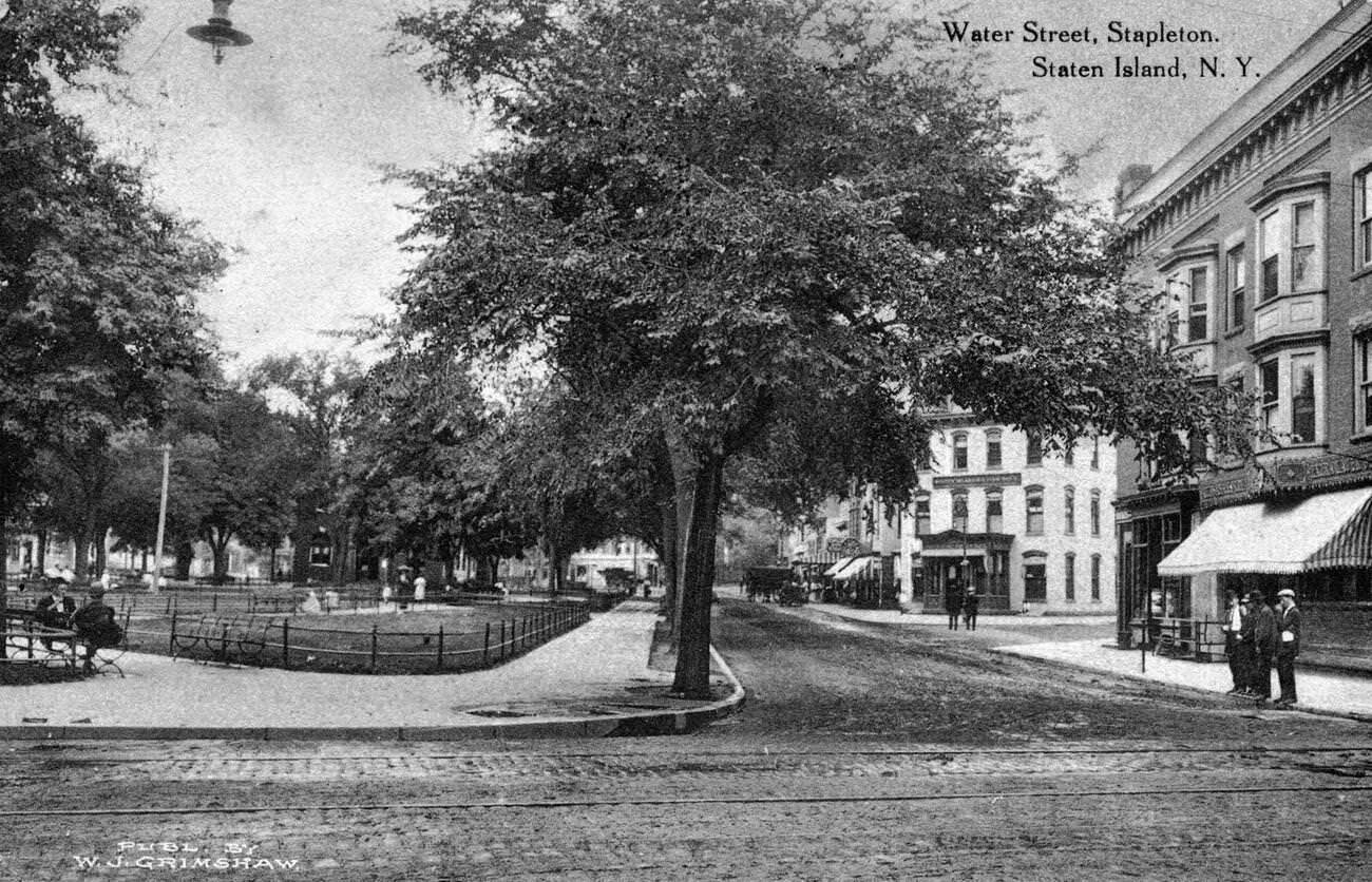 Staten Island Savings Bank, Washington Park, And Brick Road In Water Street, Stapleton, Staten Island, 1900.