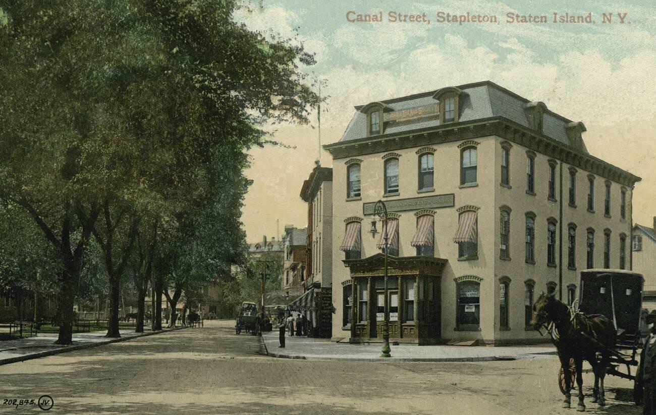 Staten Island Savings Bank Building, Washington Park, And Gas Street Light In Canal Street, Stapleton, Staten Island, 1900.