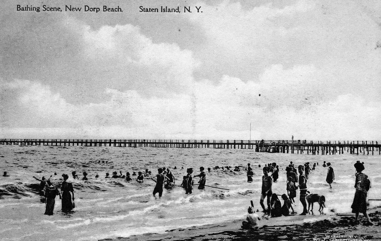 Bathing Scene At New Dorp Beach, Staten Island, 1900.