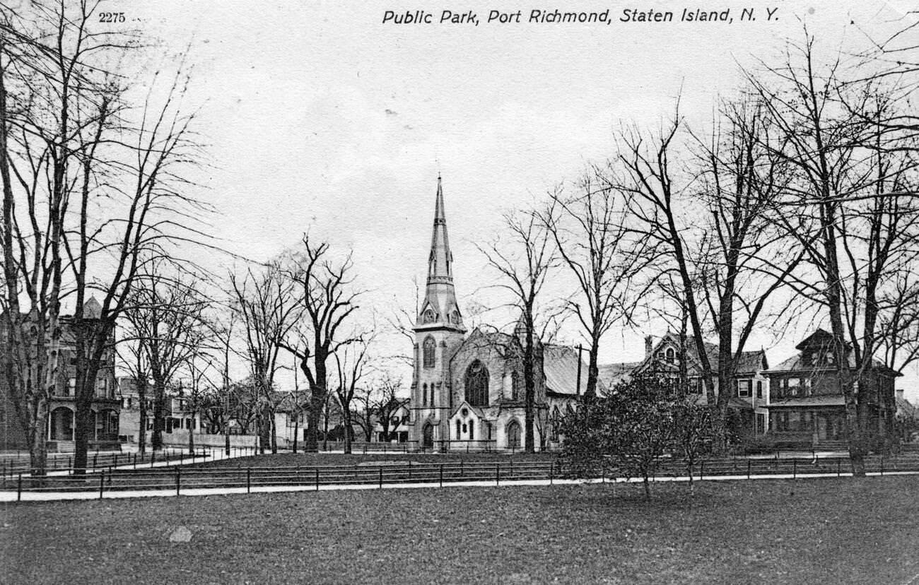 Public Park With Walkways And Fences In Port Richmond, Staten Island, 1900.