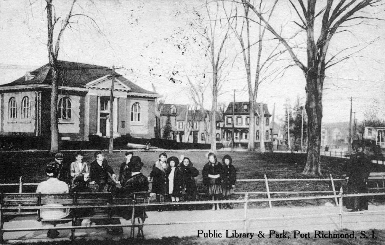 A Park In Port Richmond With A Public Library And Residential Housing In The Background, Staten Island, 1900.
