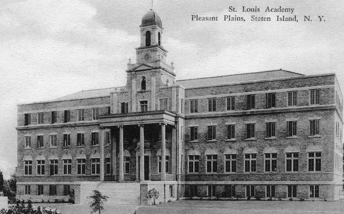 Rick-Faced St Louis Academy, Featuring Towering Pillars And A Central Tower In Pleasant Plains, Staten Island, 1900.