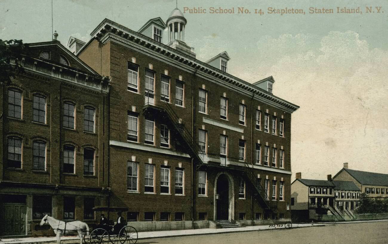 Public School No 14, Featuring An Attached Three-Story Building And A Horse-Drawn Carriage On The Street, Stapleton, Staten Island, 1900.