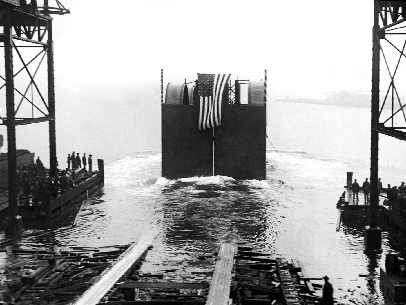 Launch Of The First Steel Caisson For The Holland Tunnel At Staten Island Shipyards, 1922.