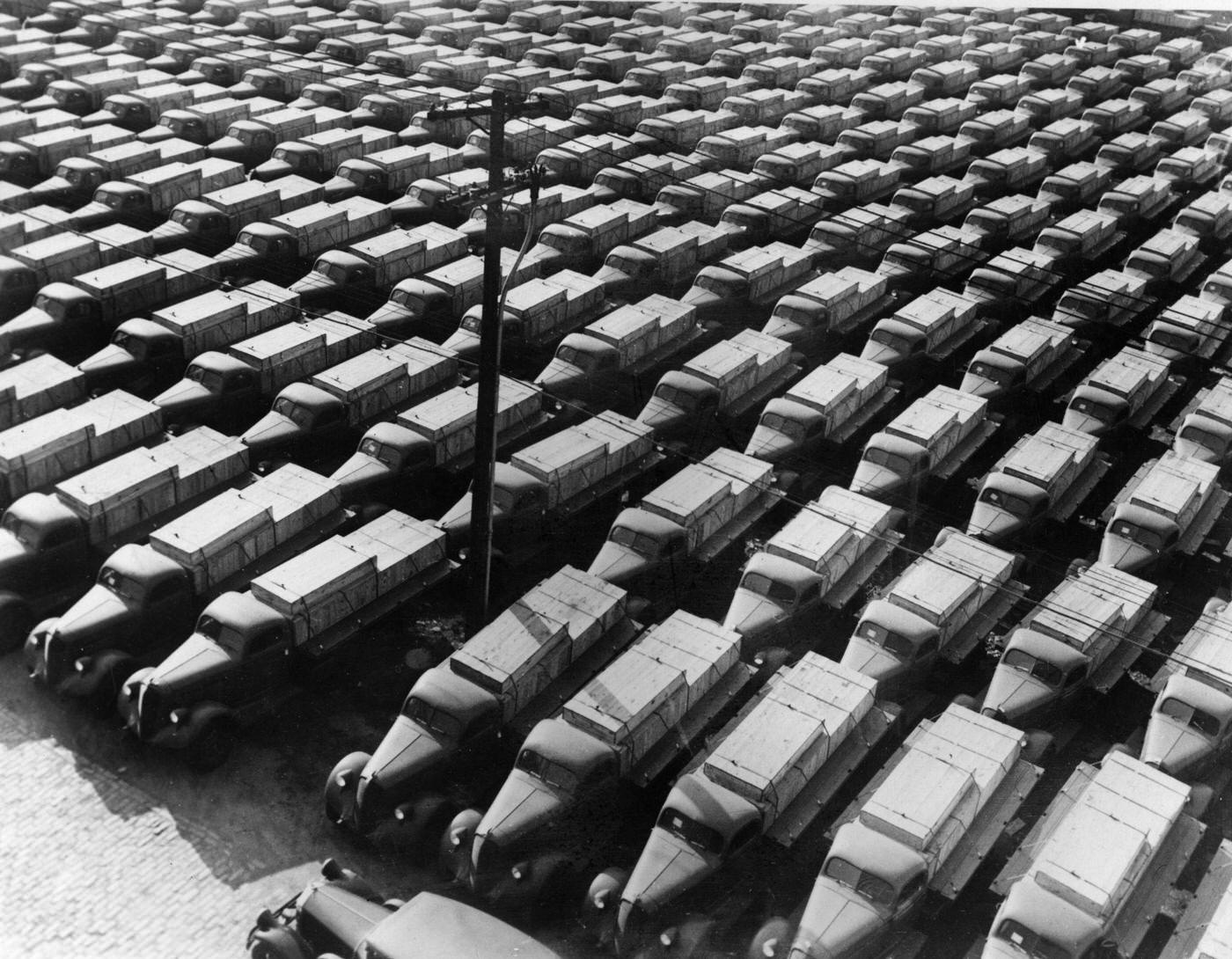 Hundreds Of Lorries Await At The Free Trade Zone On Staten Island For Transport By Allied Freighters, January 16, 1940.