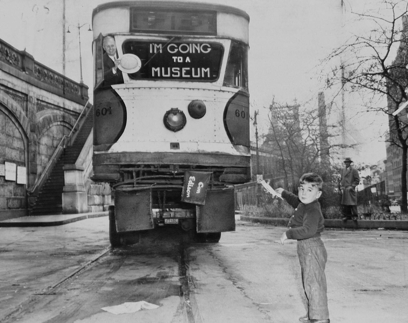Nicholas Kalas Points To New York'S Last Trolley On 59Th St., Before It Moves To Staten Island Museum, October 28.