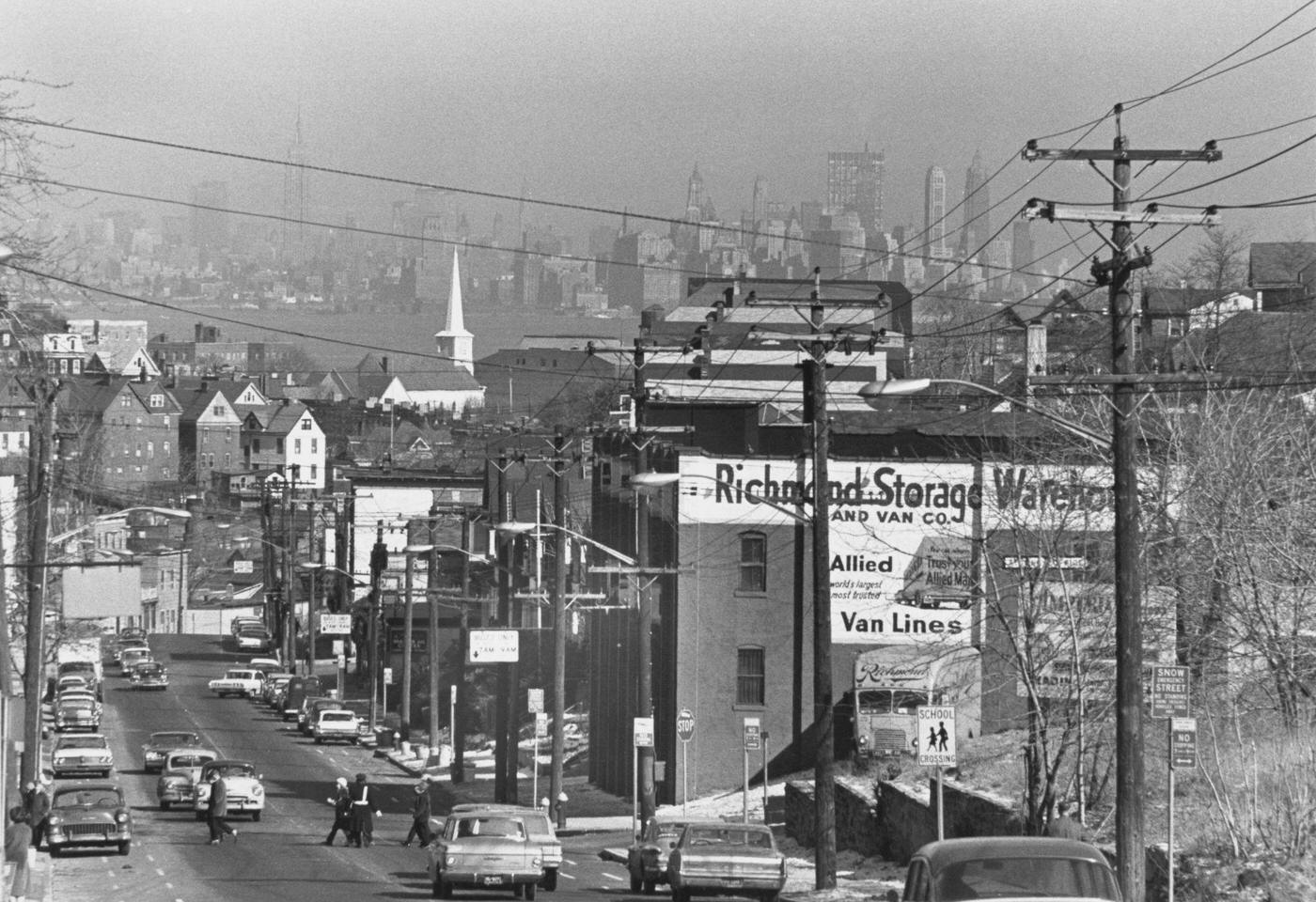 Traffic And Overhead Cables In St. George Neighborhood, Staten Island, 1954.
