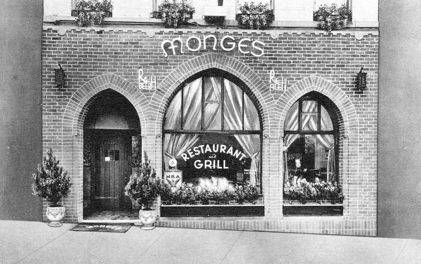 Exterior Of Monge'S Restaurant, Decorated With Potted Flowers And An Nra Sign, 1950.