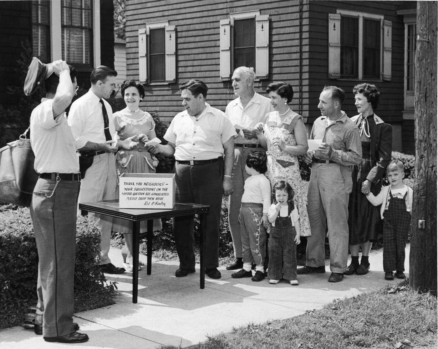 Line Forms To Drop Suggestions For Quiz Show Contestant Redmond O'Hanlon, Staten Island, Circa 1957.