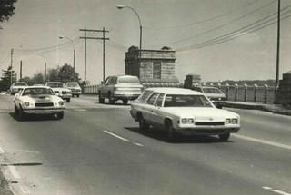 Cars Pass Over The Four-Lane Bridge In Greenridge, Scheduled For Replacement, 1984.