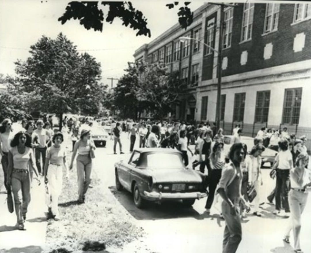 Students Fill The Street In Front Of New Dorp High School After A Fight Prompted Early Dismissal For The Year, 1975.