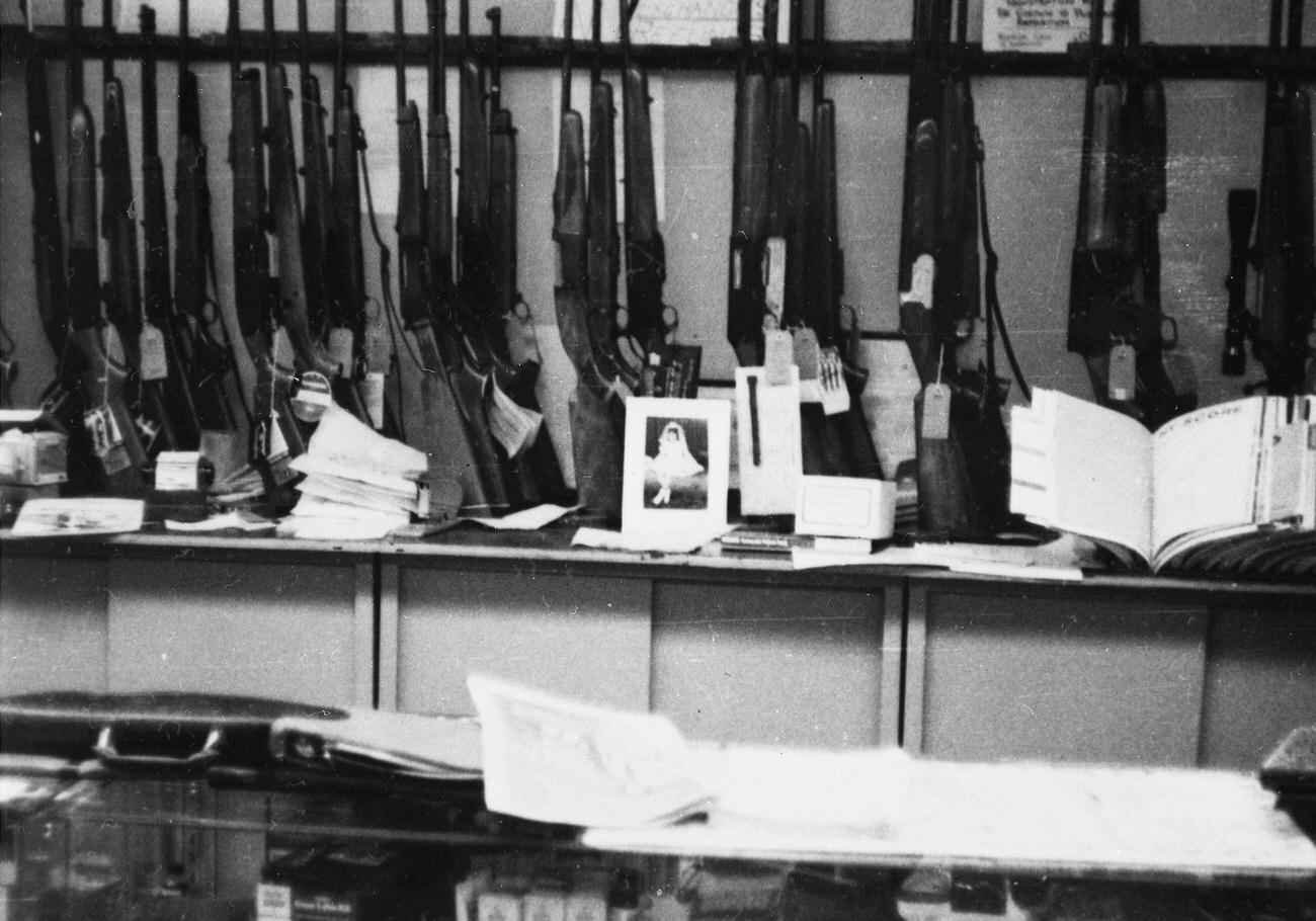 Guns Line Wall Of Store Where Gunmen Are Holed Up, 1973