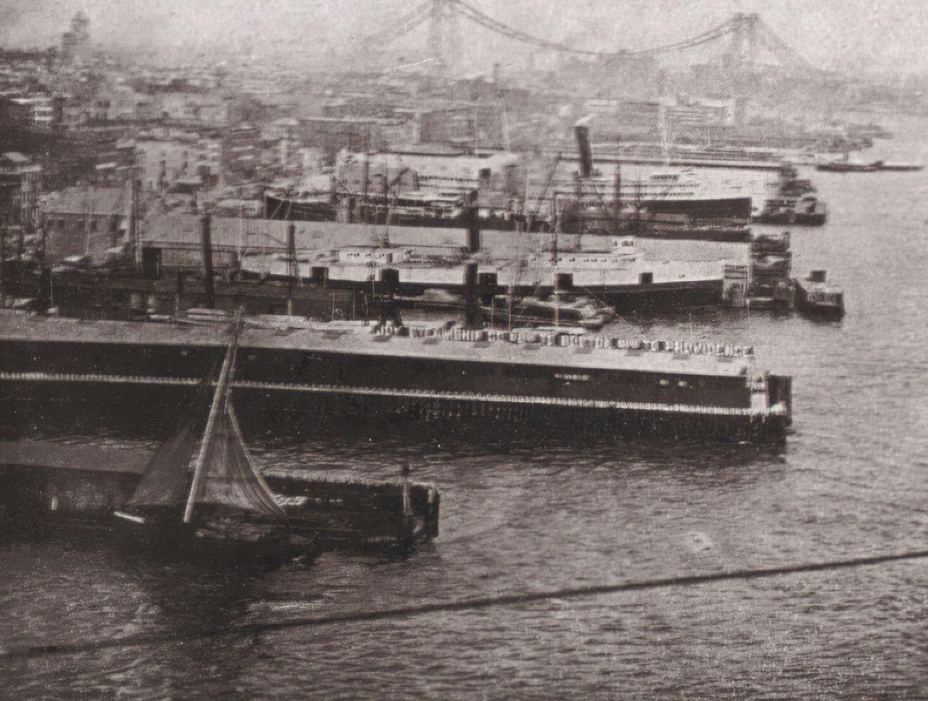 Steamship Docks Above Brooklyn Bridge, Brooklyn.