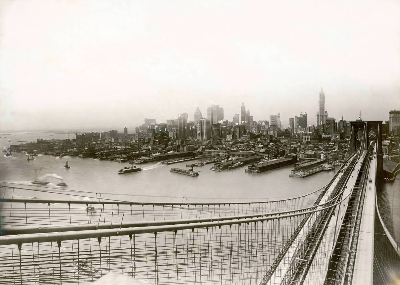 High-Angle View Of Brooklyn Bridge And Downtown Manhattan Skyline, Brooklyn, 1918.