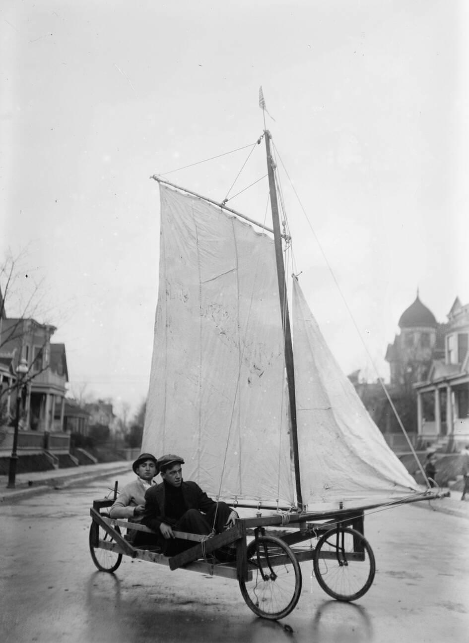 Young Adults Riding Sail Wagons In Victorian Flatbush, Brooklyn, 1912.