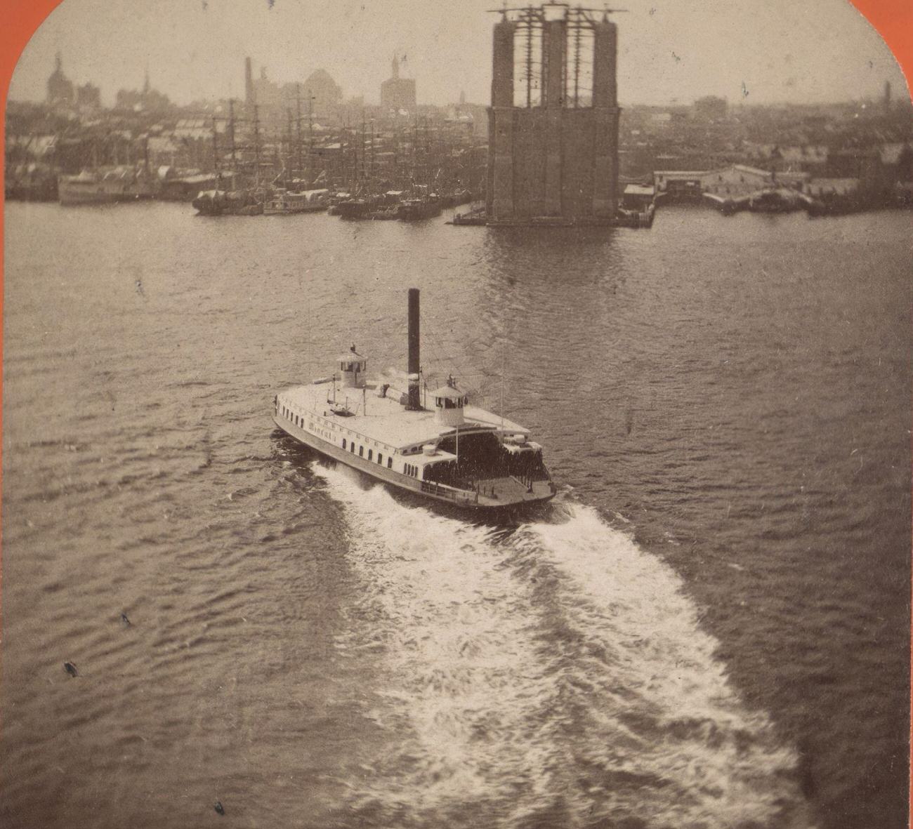 Ferry Boat Crossing The East River Near Brooklyn Bridge, 1910