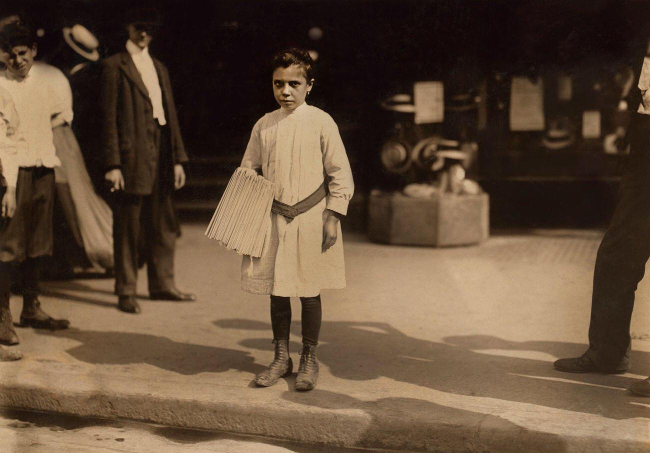 Young Girl, 9, Selling Newspapers Near Brooklyn Bridge, 1910