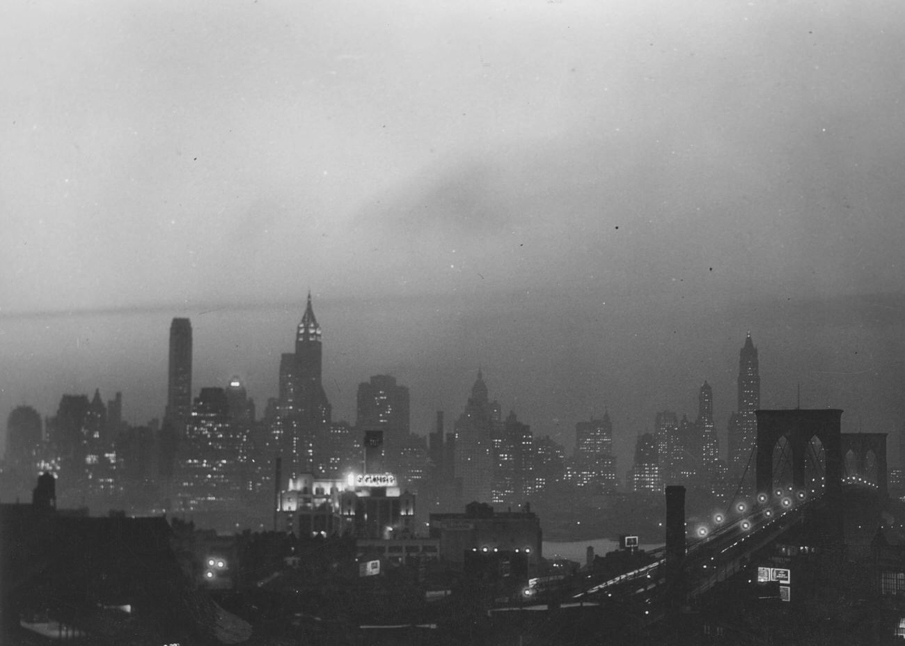 Brooklyn Skyline At Night With Brooklyn Bridge In View, 1929