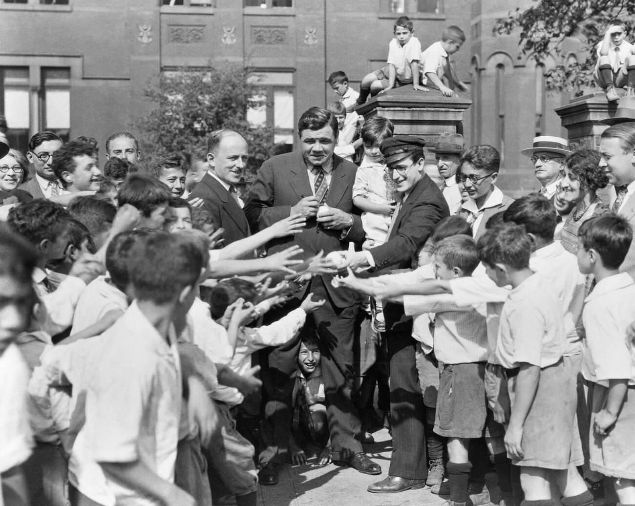 Babe Ruth And Harold Lloyd Greeting Orphans, Brooklyn