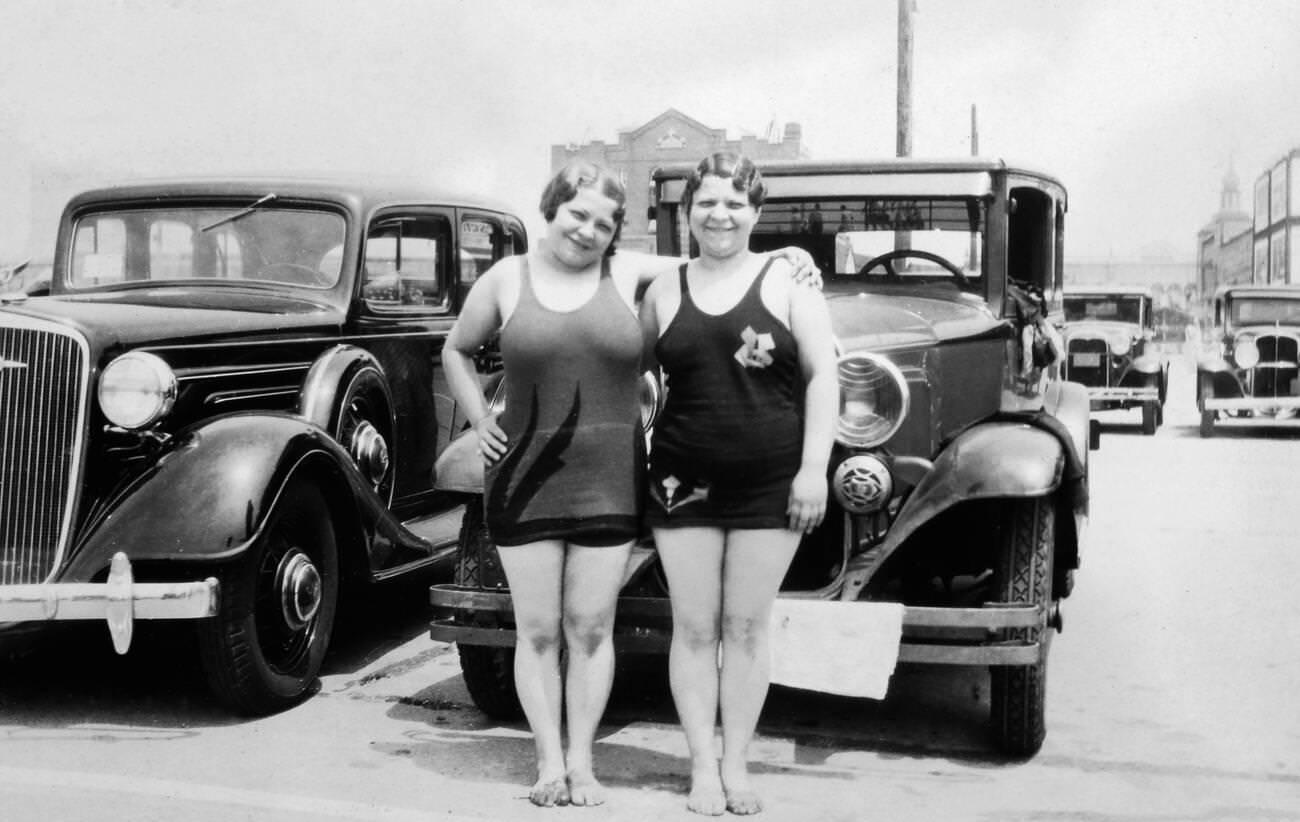 Two Sisters Posing In Front Of Their Car At Coney Island'S Parking Lot, Brooklyn, 1920.