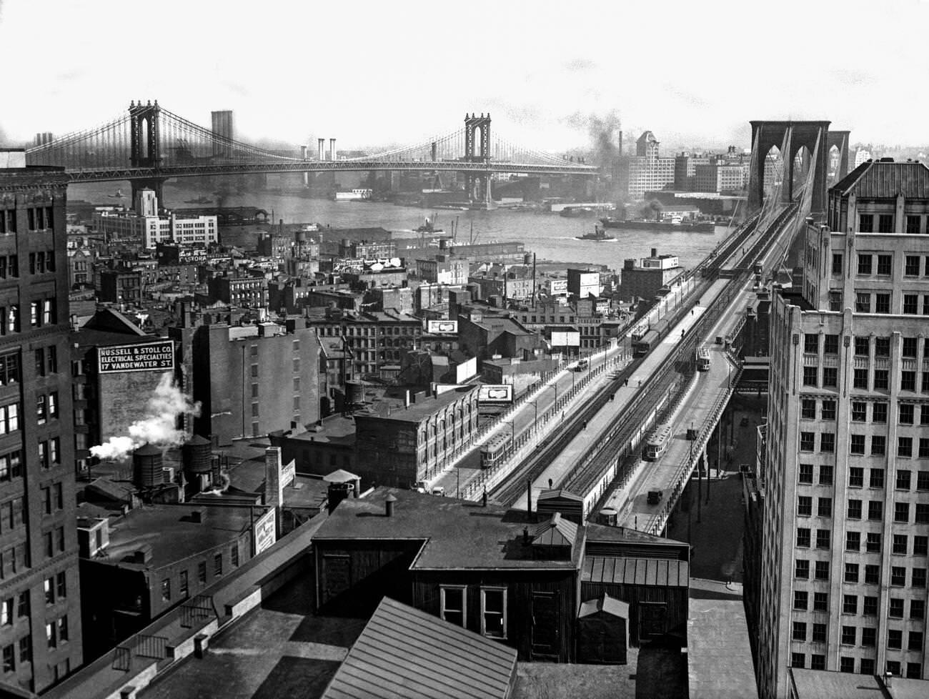 Brooklyn Bridge At Right, Manhattan Bridge At Left, Brooklyn, 1924.