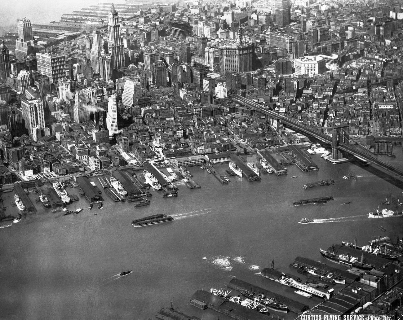 Aerial View Of Lower Manhattan With The Brooklyn Bridge And East River, 1929.