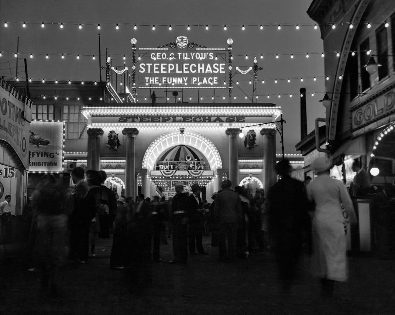 Night Lights At Amusement Park Entrance, Steeplechase Park, Coney Island, Brooklyn, 1930S