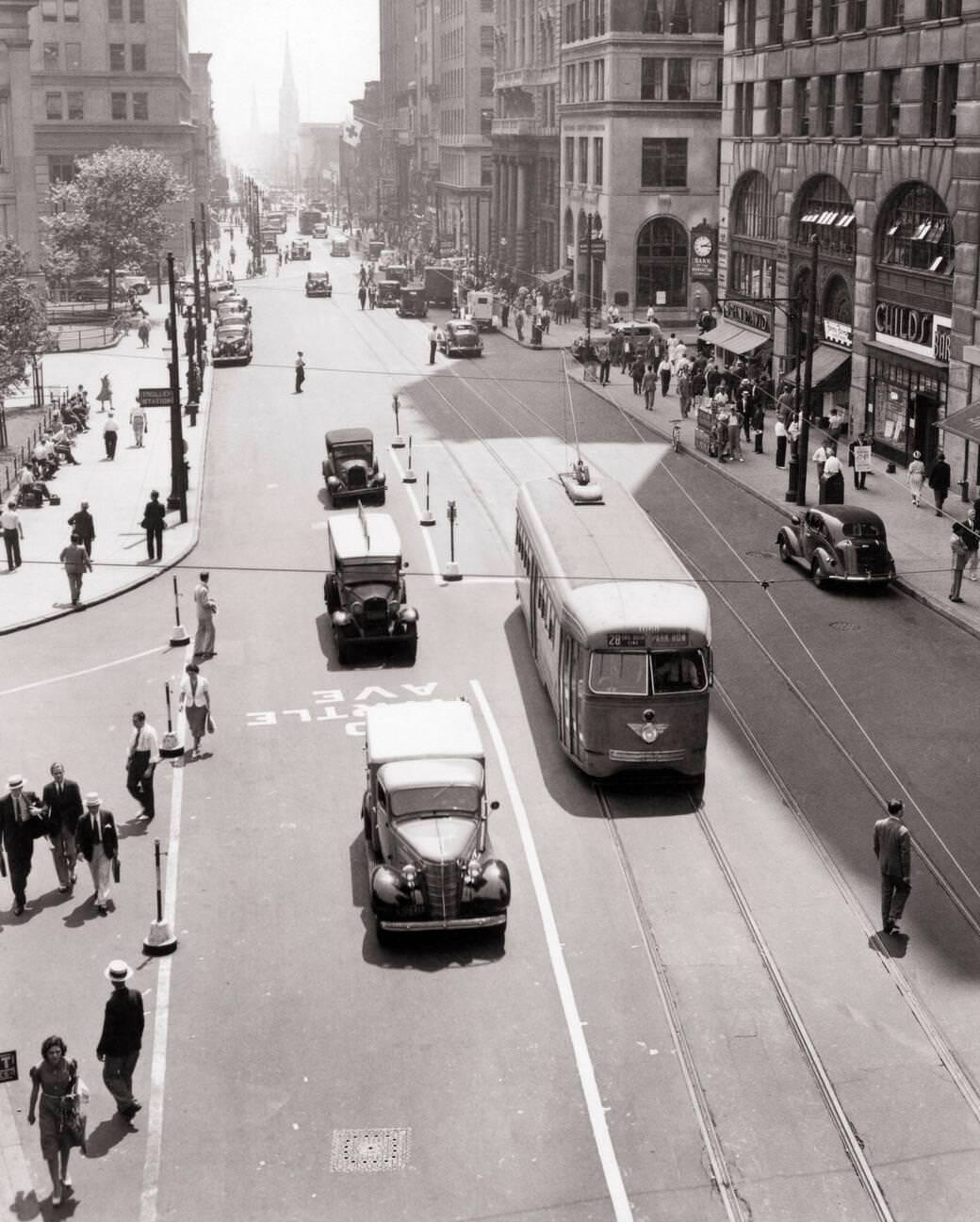 Court Street At Borough Hall Showing Trolley Car And Cars, Brooklyn, 1930S