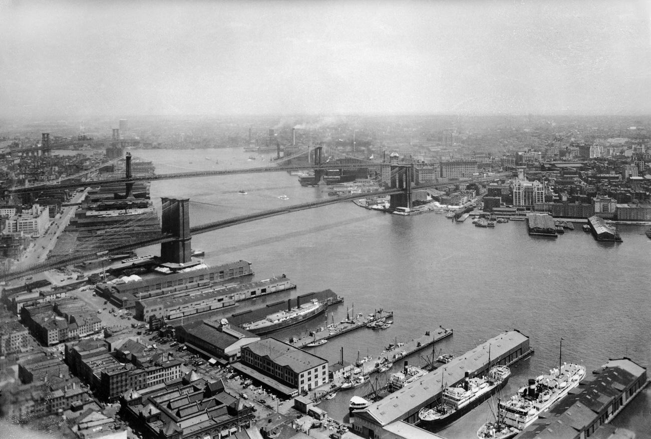 Brooklyn And Manhattan Bridges Over The East River Linking Brooklyn And Manhattan, Circa 1935.