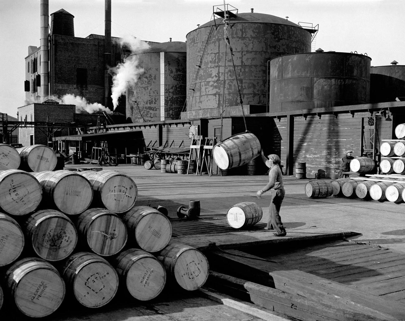 Man Stacking Barrels At A Shipping Yard In Brooklyn, Circa 1936.