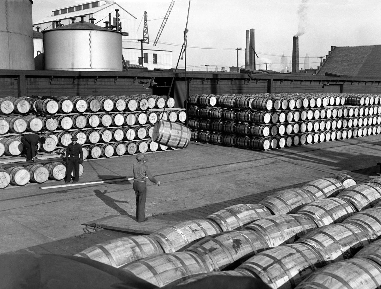 Men Stacking Barrels At A Shipping Yard In Brooklyn, Circa 1936.
