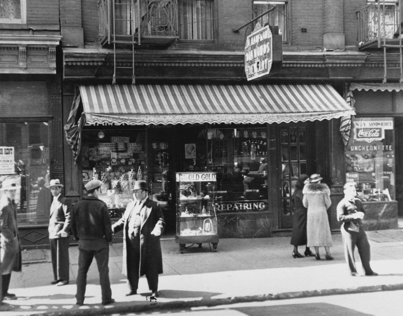 Scene Of A Robbery Outside Abraham Kaufman'S Jewellery Shop On Fifth Avenue, Brooklyn, 24Th April 1936.