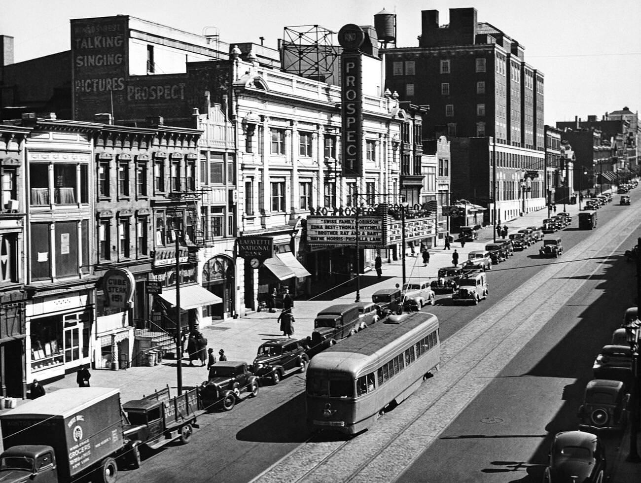 Street View On 9Th Street In Brooklyn With A Streetcar, 1940.