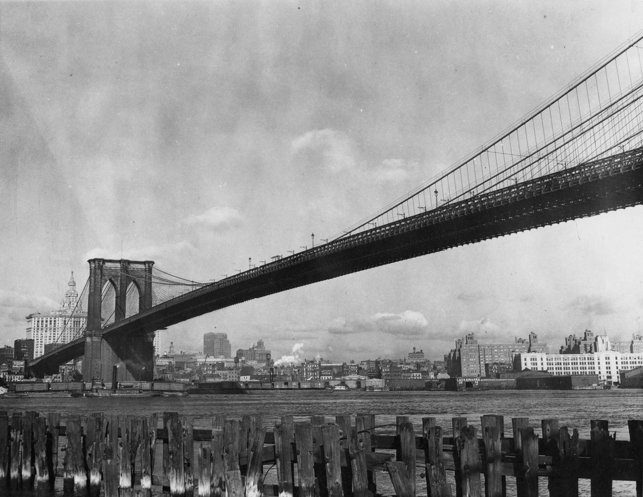 Brooklyn Bridge And Lower Manhattan Skyline View From Brooklyn, Circa 1930